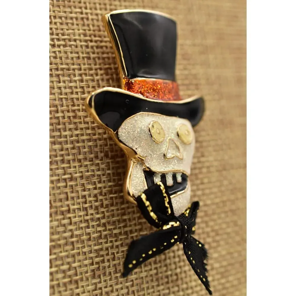 Vintage Halloween Skull Pin Brooch Skeleton Top Hat Glitter Enamel Chunky BinBA